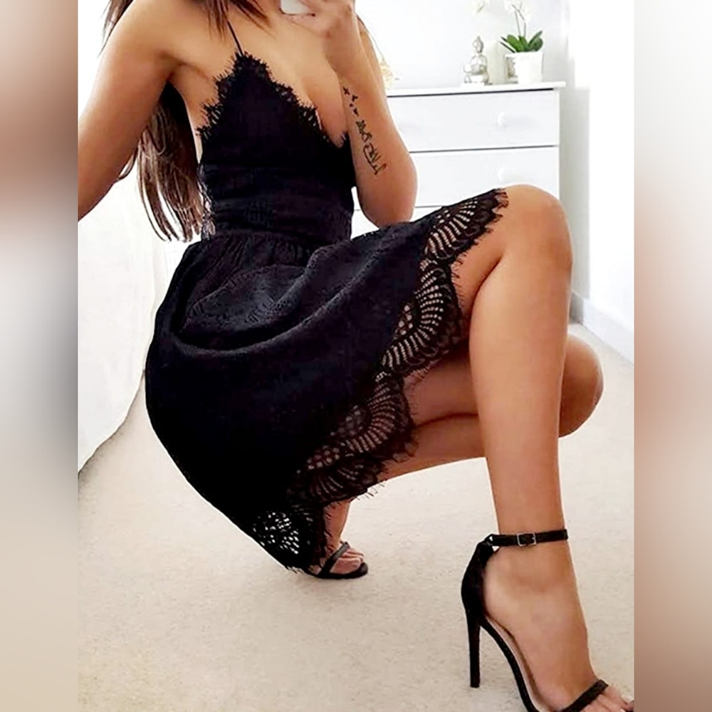 Aooksmery Women's Black Mini Dress, Lace & Blend Cotton, Medium NWT